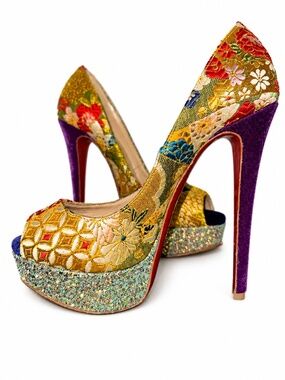 Christian Louboutin Multicolor Brocade Peep Toe Platform Pumps